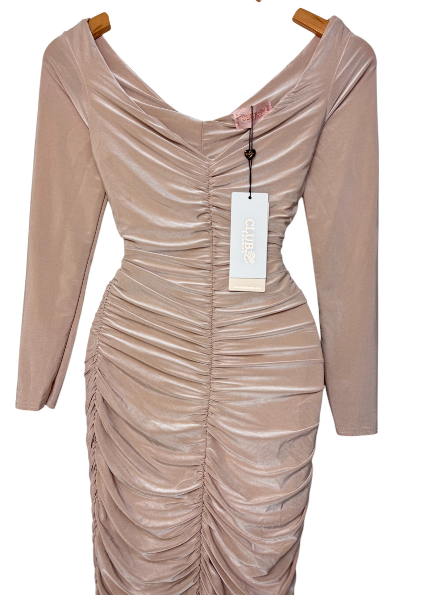 Metallic Champagne Satin Ruched Bodycon Midi Dress – Luxe & Sultry