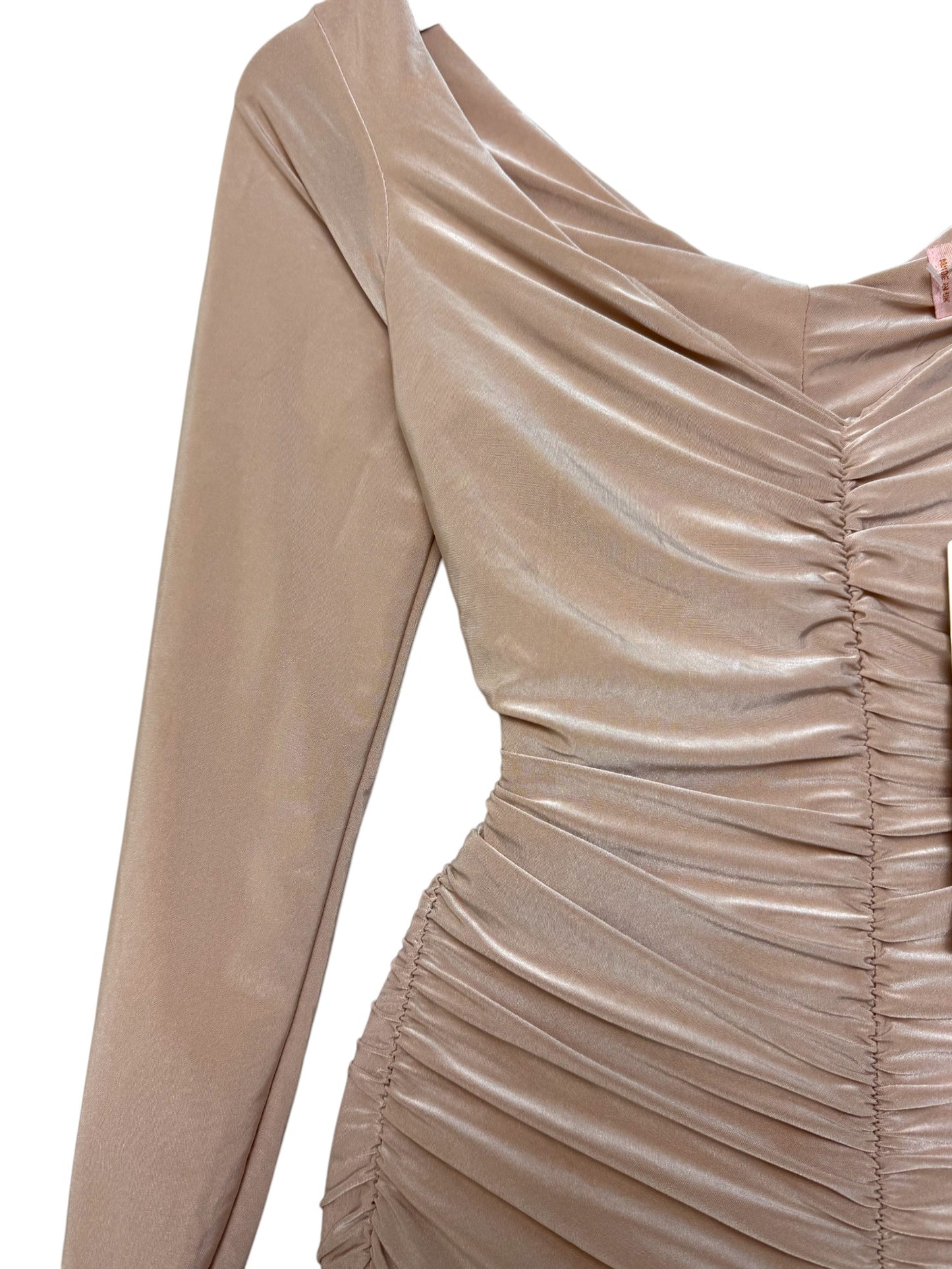 Metallic Champagne Satin Ruched Bodycon Midi Dress – Luxe & Sultry