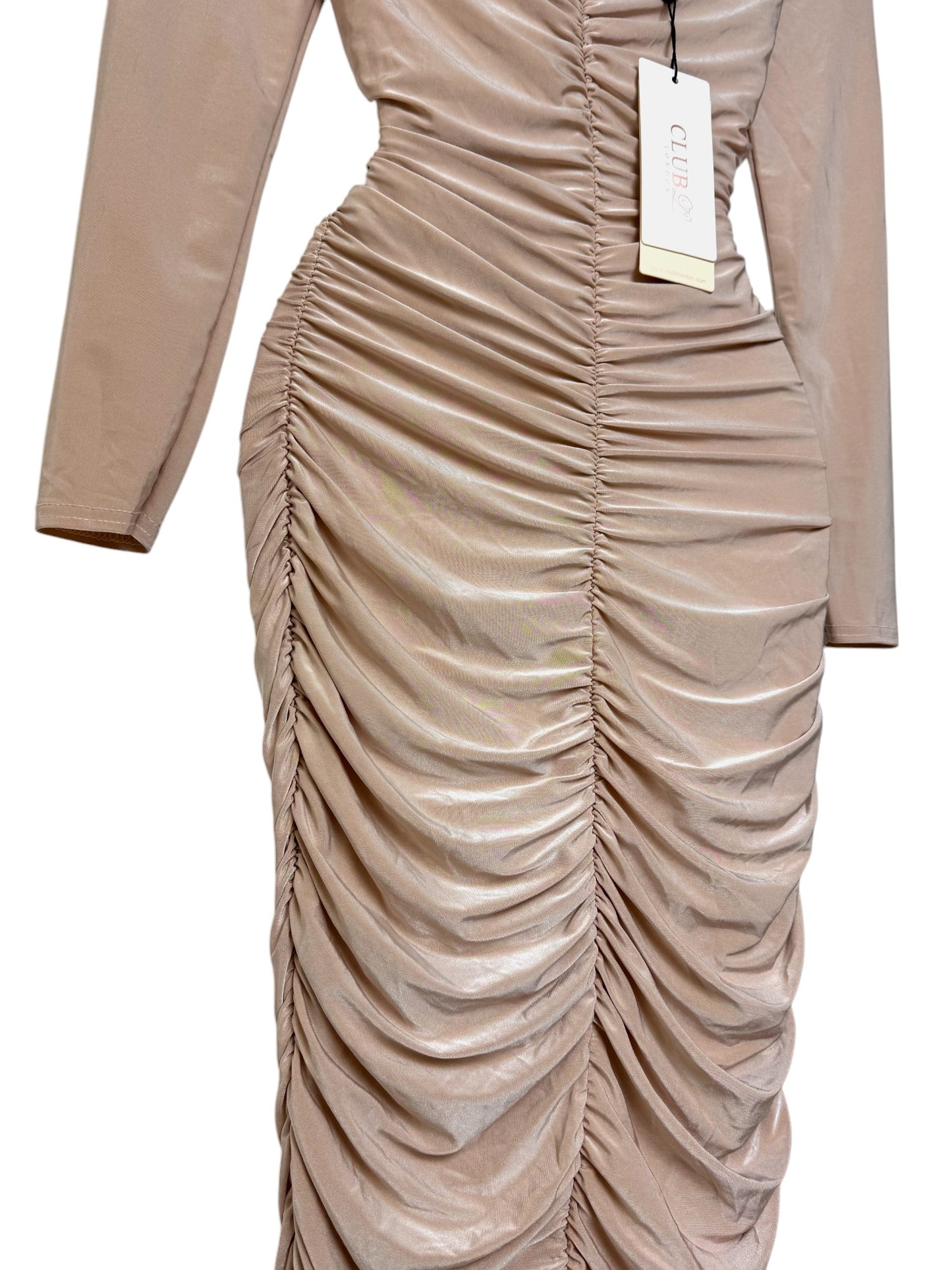 Metallic Champagne Satin Ruched Bodycon Midi Dress – Luxe & Sultry