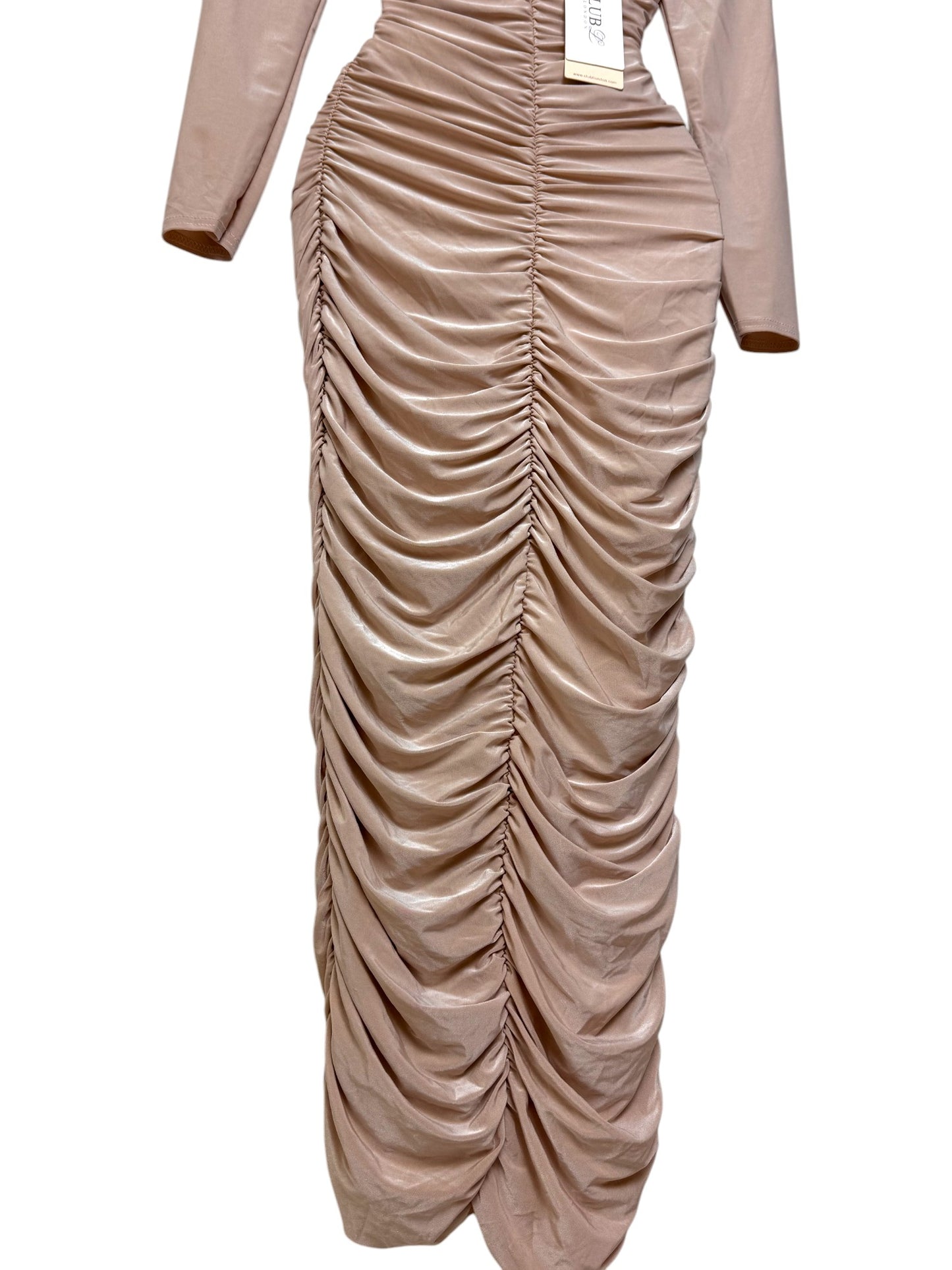Metallic Champagne Satin Ruched Bodycon Midi Dress – Luxe & Sultry