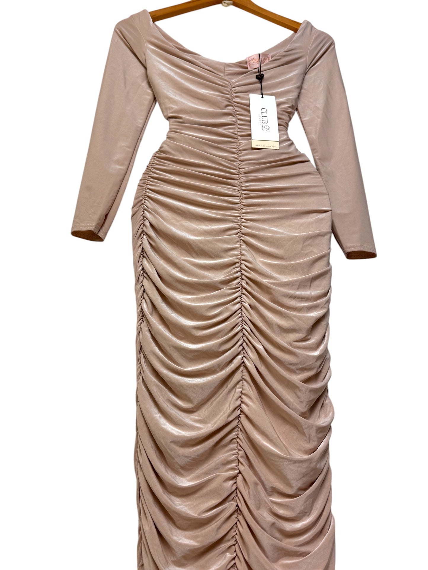 Metallic Champagne Satin Ruched Bodycon Midi Dress – Luxe & Sultry
