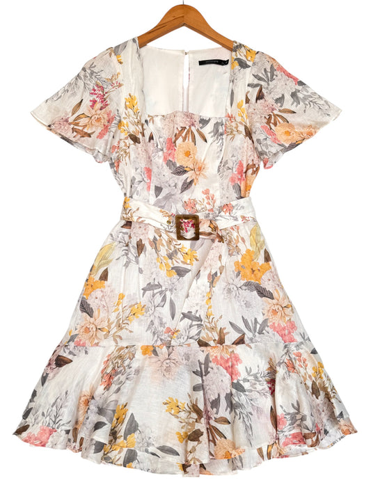 Portmans Luxe Linen Floral Flounce Dress –  with Belt