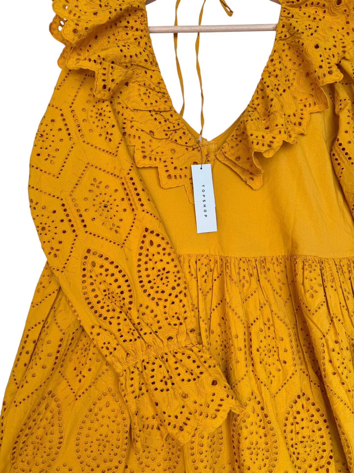 Topshop Yellow Broderie Ruffle Neck Dress – Boho Chic & Breezy 🌞✨