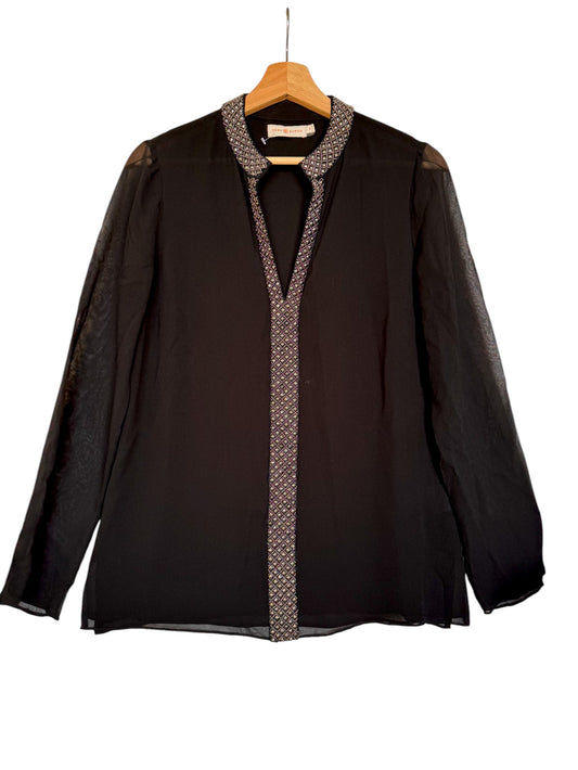 T0ry Burch Black 100% Silk Blouse – Elegant Beaded V-Neck