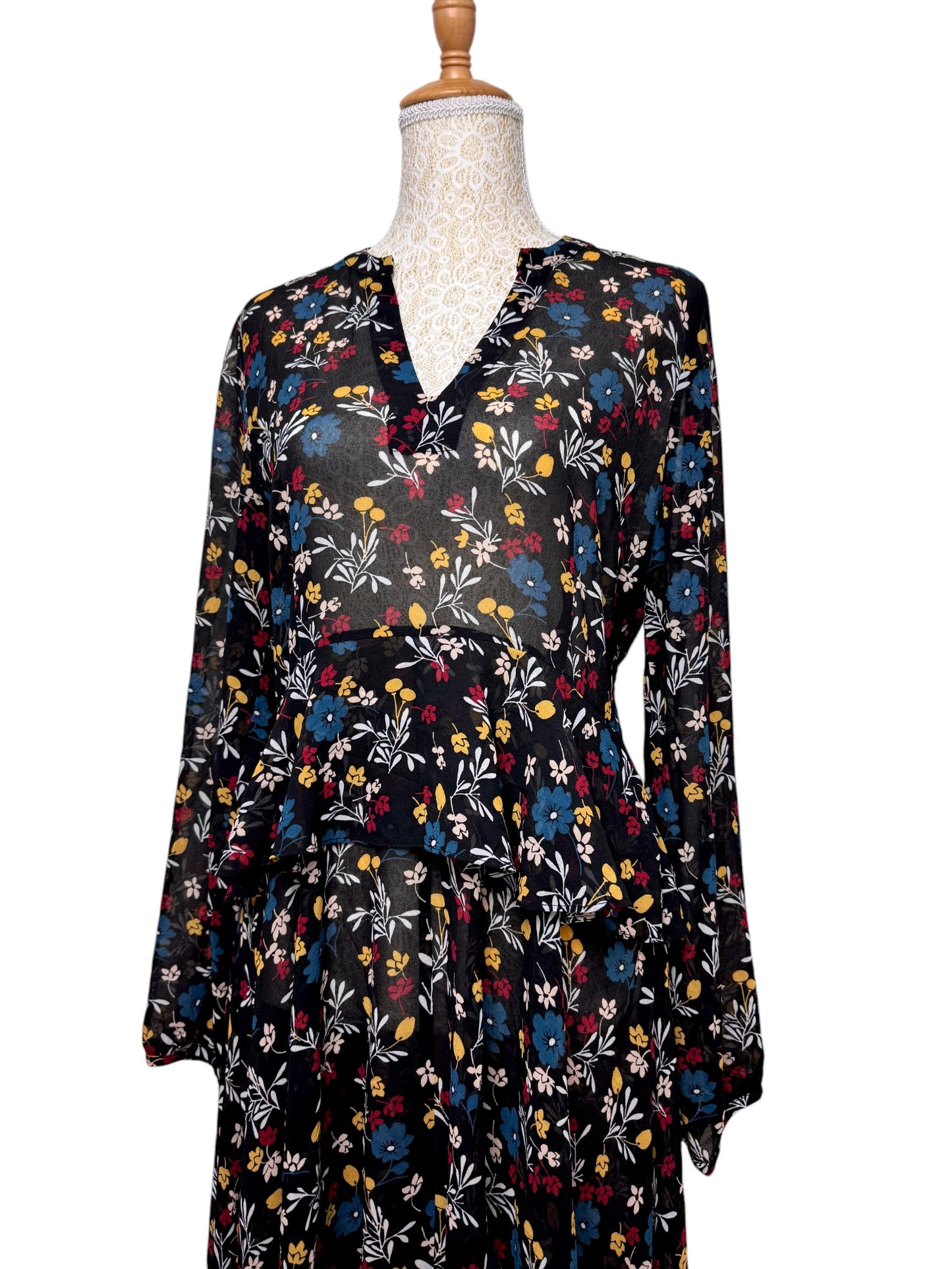 Hi There, Karen Walker Black Floral Long-Sleeve Dress – Handkerchief Hem