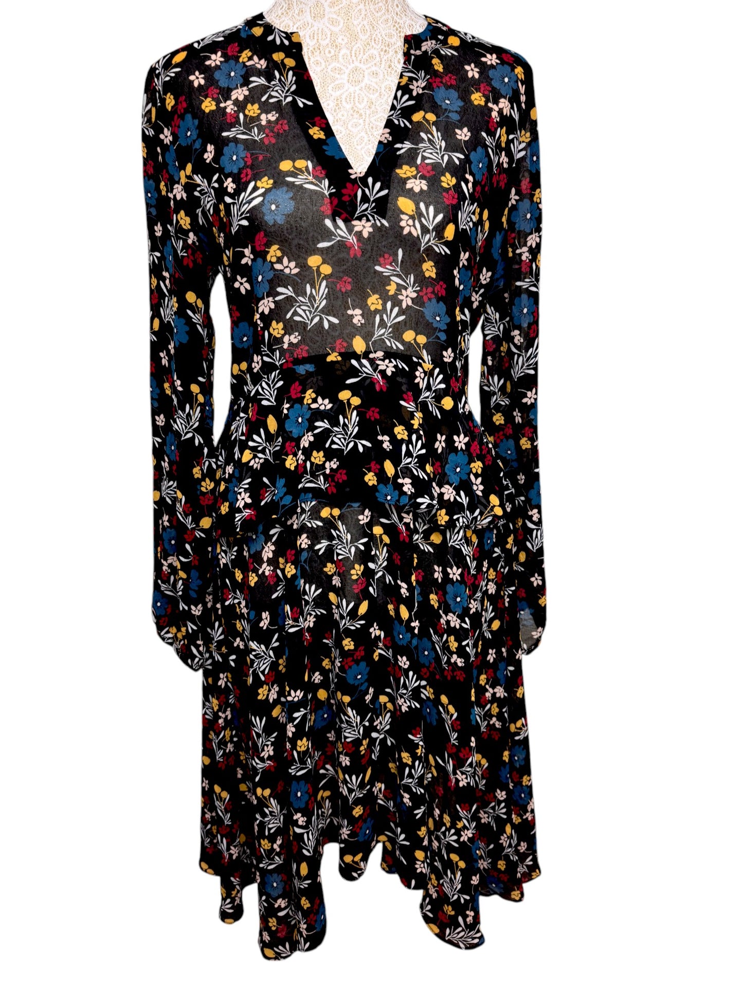 Hi There, Karen Walker Black Floral Long-Sleeve Dress – Handkerchief Hem