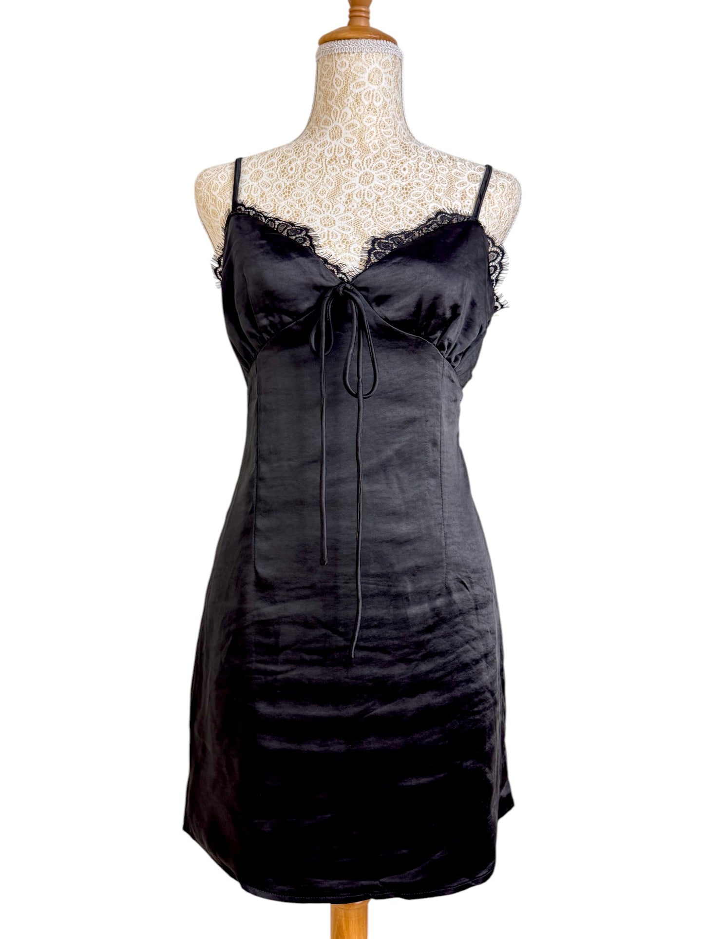 Romantic Black Lace-Trimmed Camisole Dress by Lioness