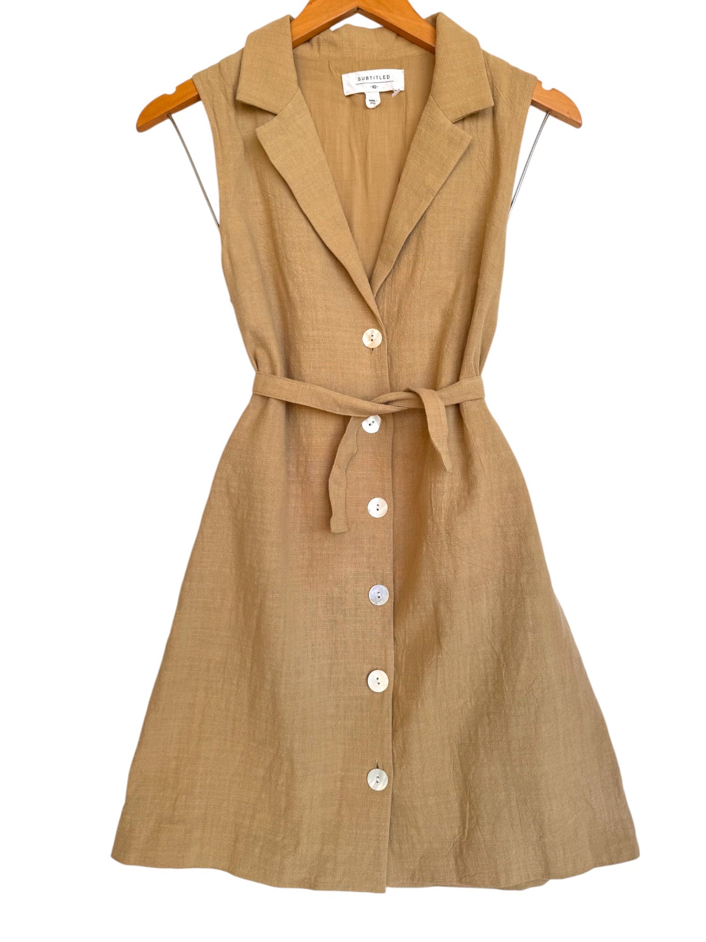 Subtitled Beige Brown Button-Down Linen Blend Mini Dress