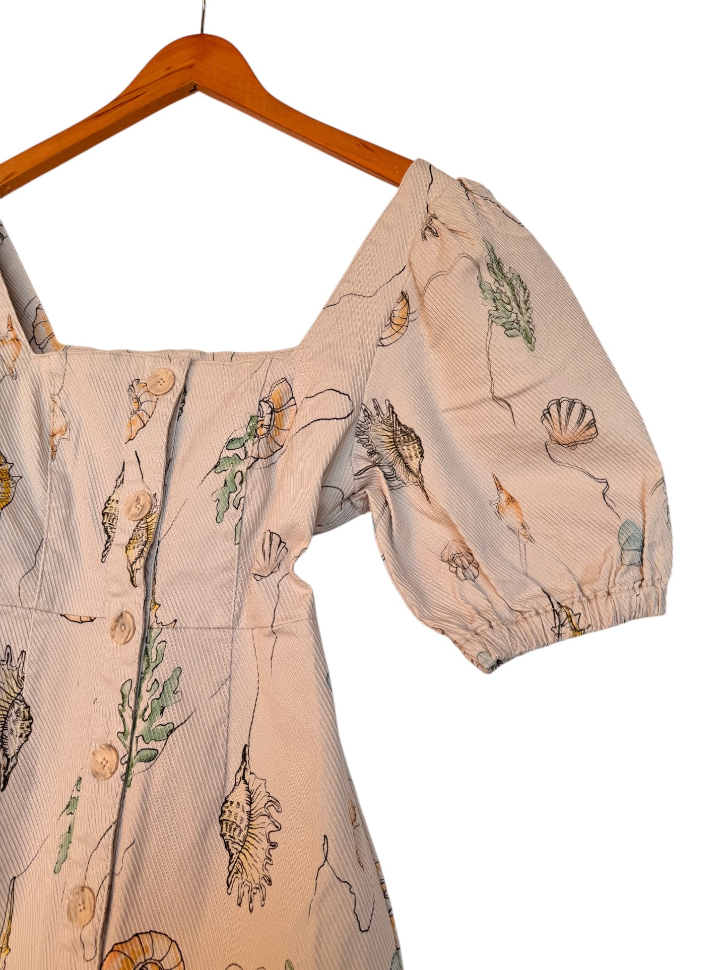 Urban Revivo Beige Shell Print Puff Sleeve Mini Dress