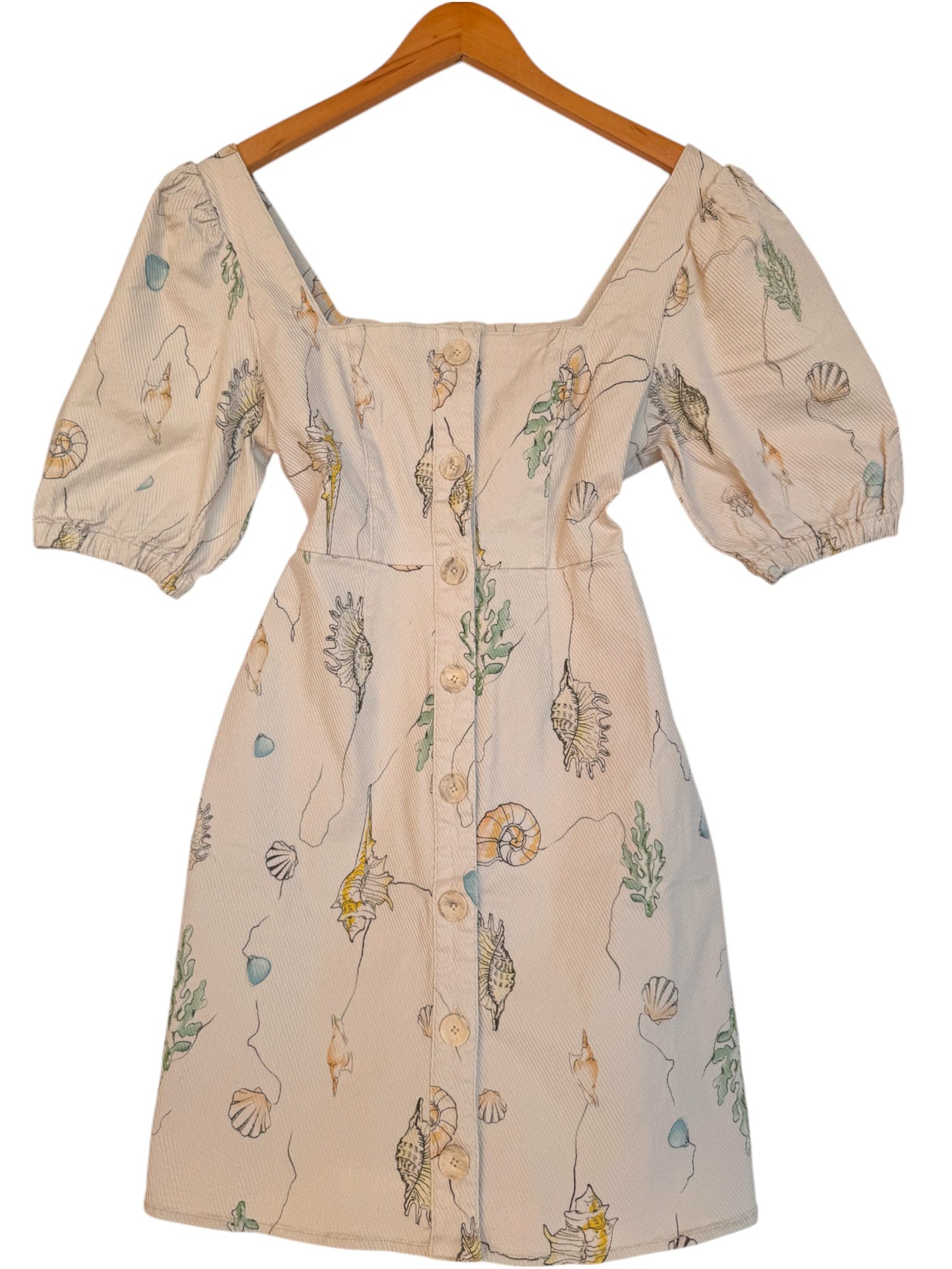 Urban Revivo Beige Shell Print Puff Sleeve Mini Dress