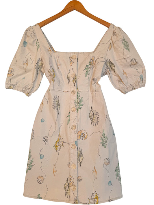 Urban Revivo Beige Shell Print Puff Sleeve Mini Dress