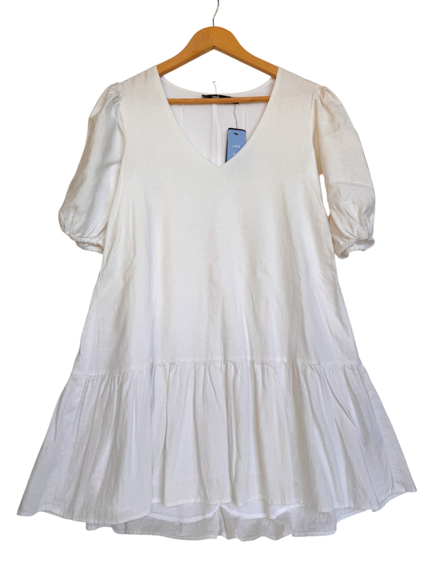 Sportsgirl Linen Rich White Babydoll Flounce Dress – Puff Sleeves, V-Neck