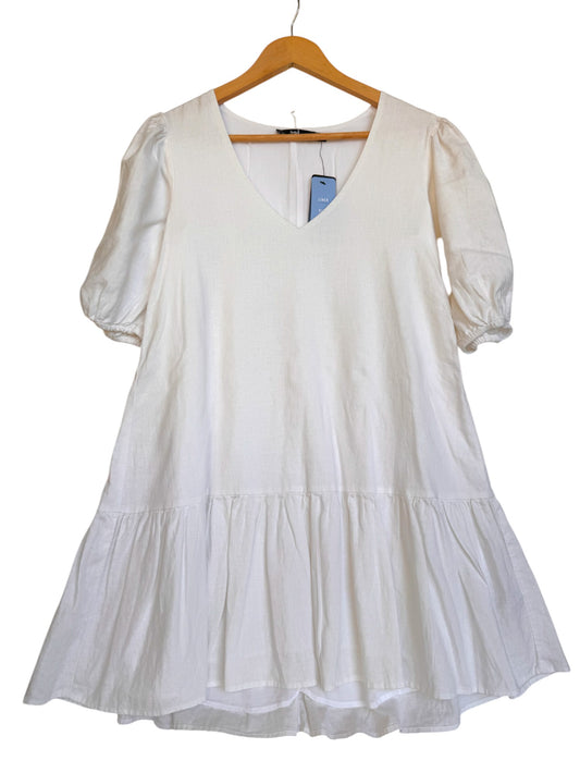 Sportsgirl Linen Rich White Babydoll Flounce Dress – Puff Sleeves, V-Neck