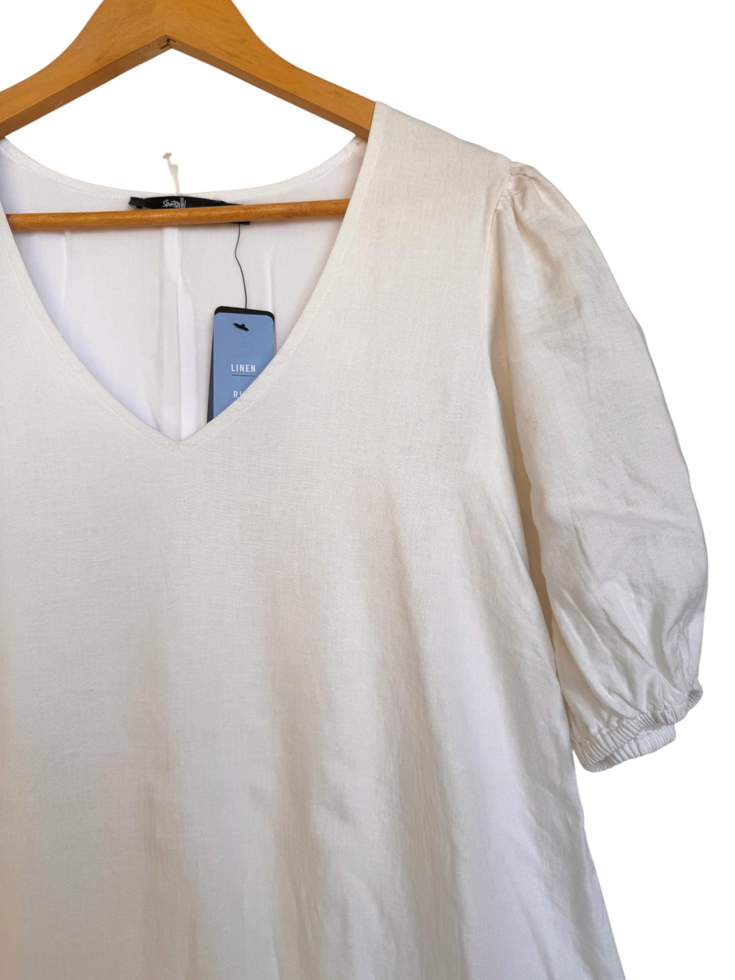 Sportsgirl Linen Rich White Babydoll Flounce Dress – Puff Sleeves, V-Neck