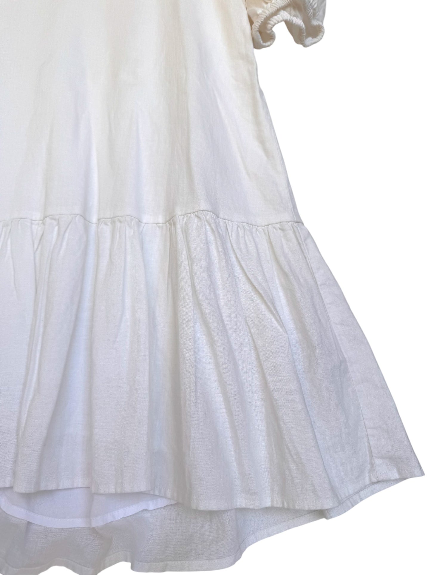 Sportsgirl Linen Rich White Babydoll Flounce Dress – Puff Sleeves, V-Neck