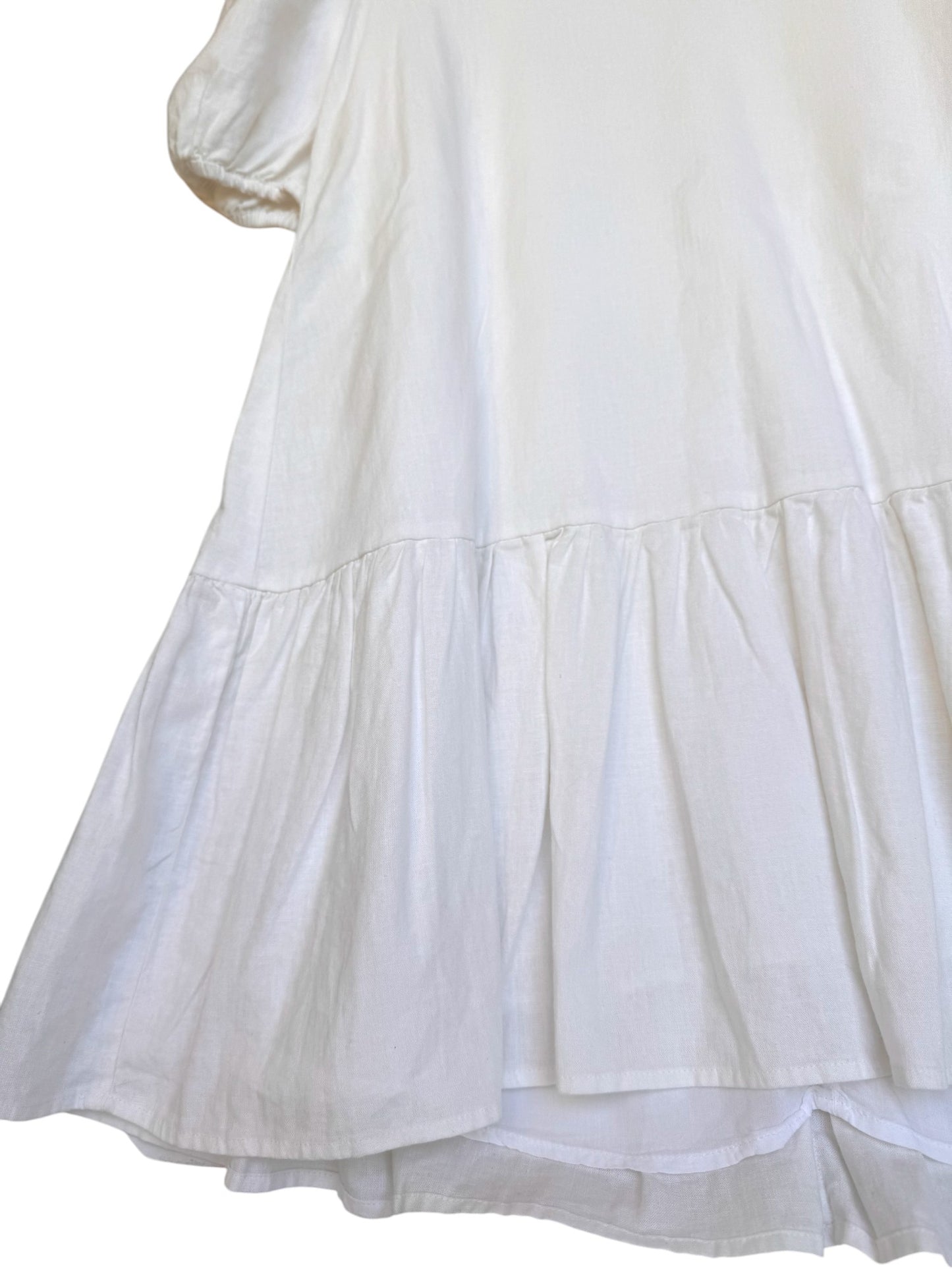 Sportsgirl Linen Rich White Babydoll Flounce Dress – Puff Sleeves, V-Neck