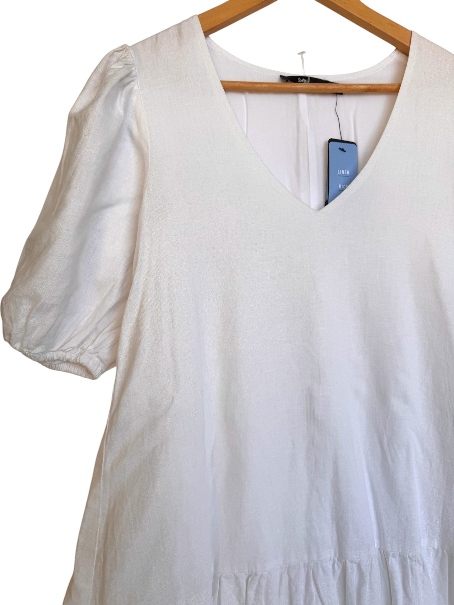 Sportsgirl Linen Rich White Babydoll Flounce Dress – Puff Sleeves, V-Neck