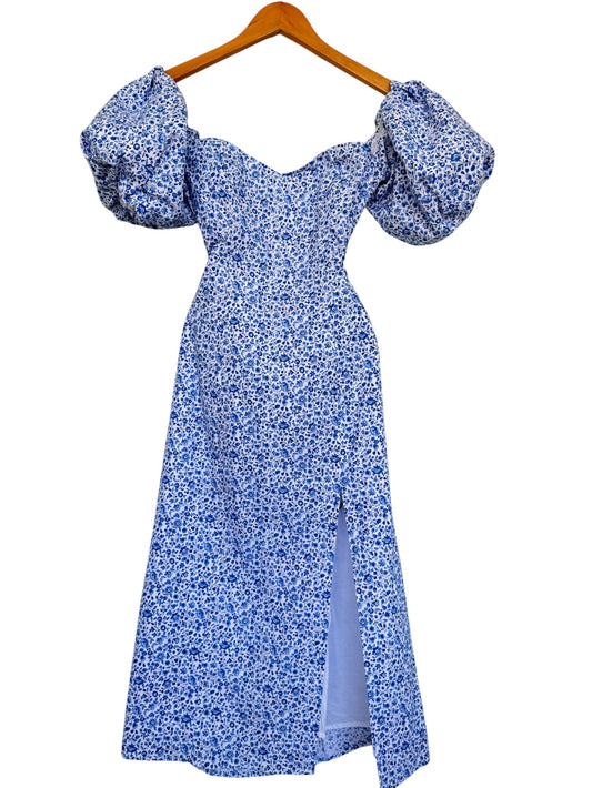 Blue & White Micro Floral Midi Dress, Puffed Sleeves | H&M