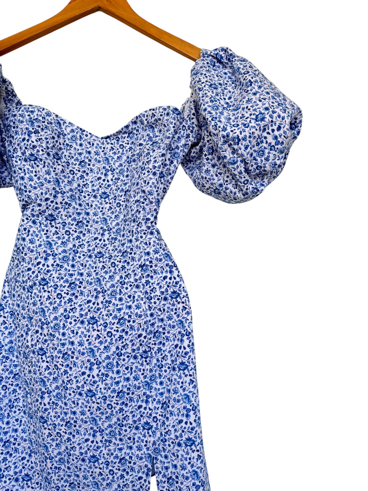 Blue & White Micro Floral Midi Dress, Puffed Sleeves | H&M
