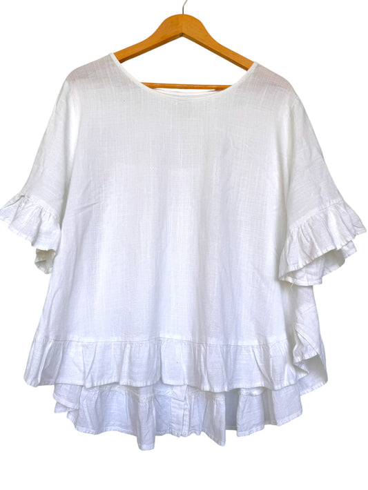 White Linen Blend Flounce Hem Loose Fit Top