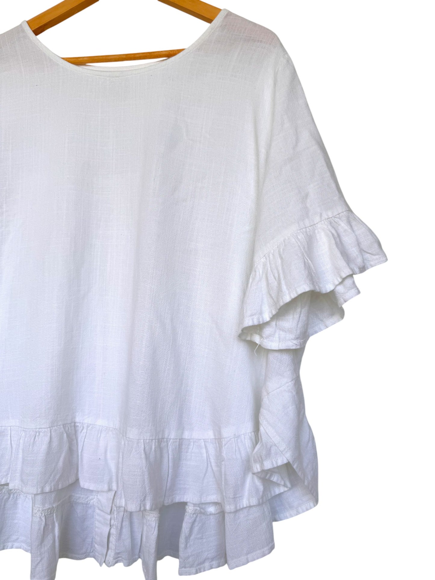 White Linen Blend Flounce Hem Loose Fit Top
