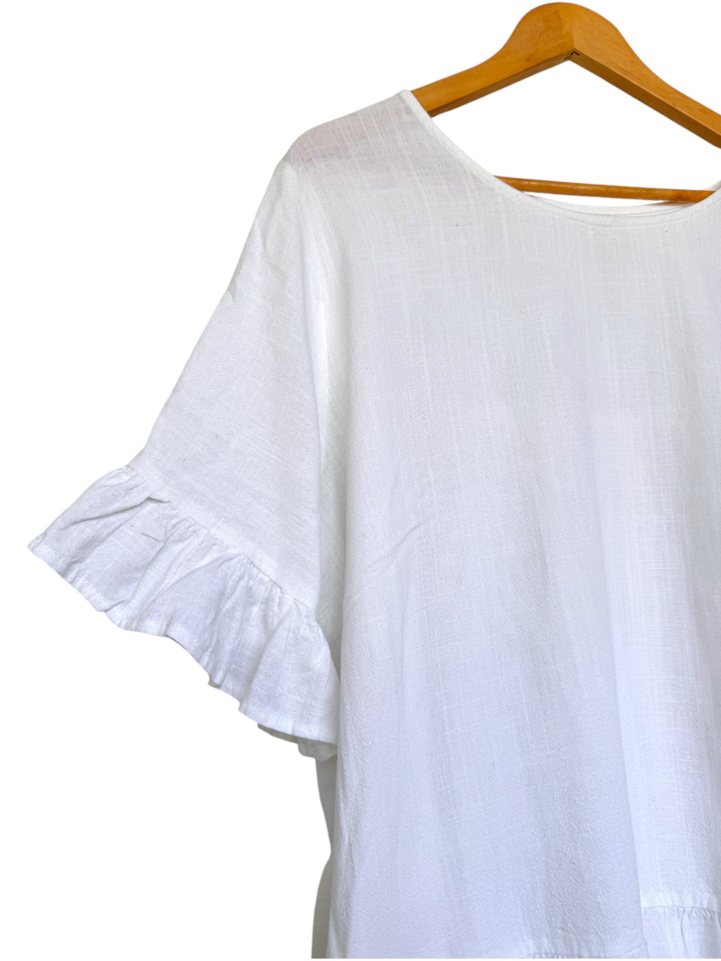 White Linen Blend Flounce Hem Loose Fit Top