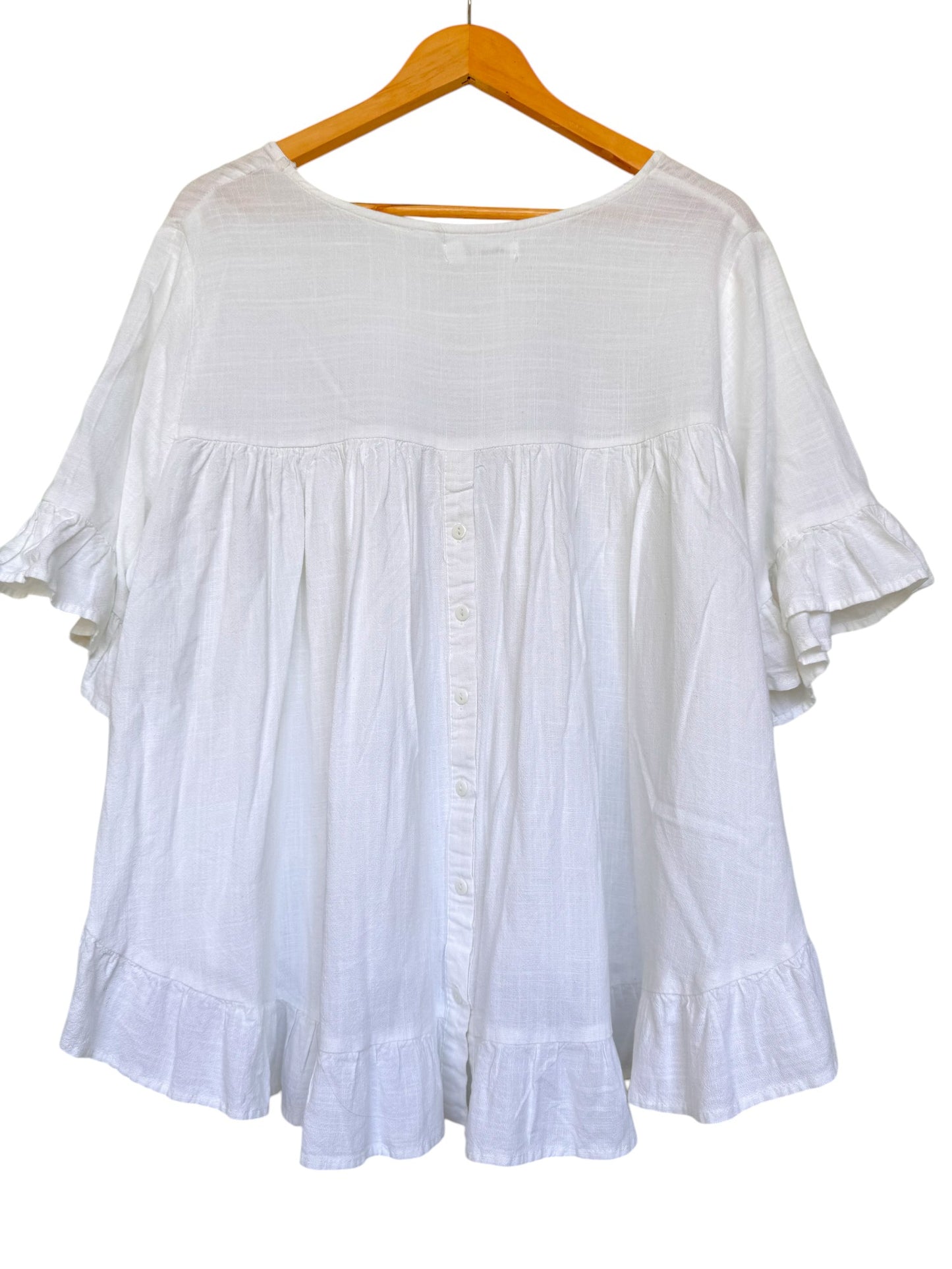 White Linen Blend Flounce Hem Loose Fit Top