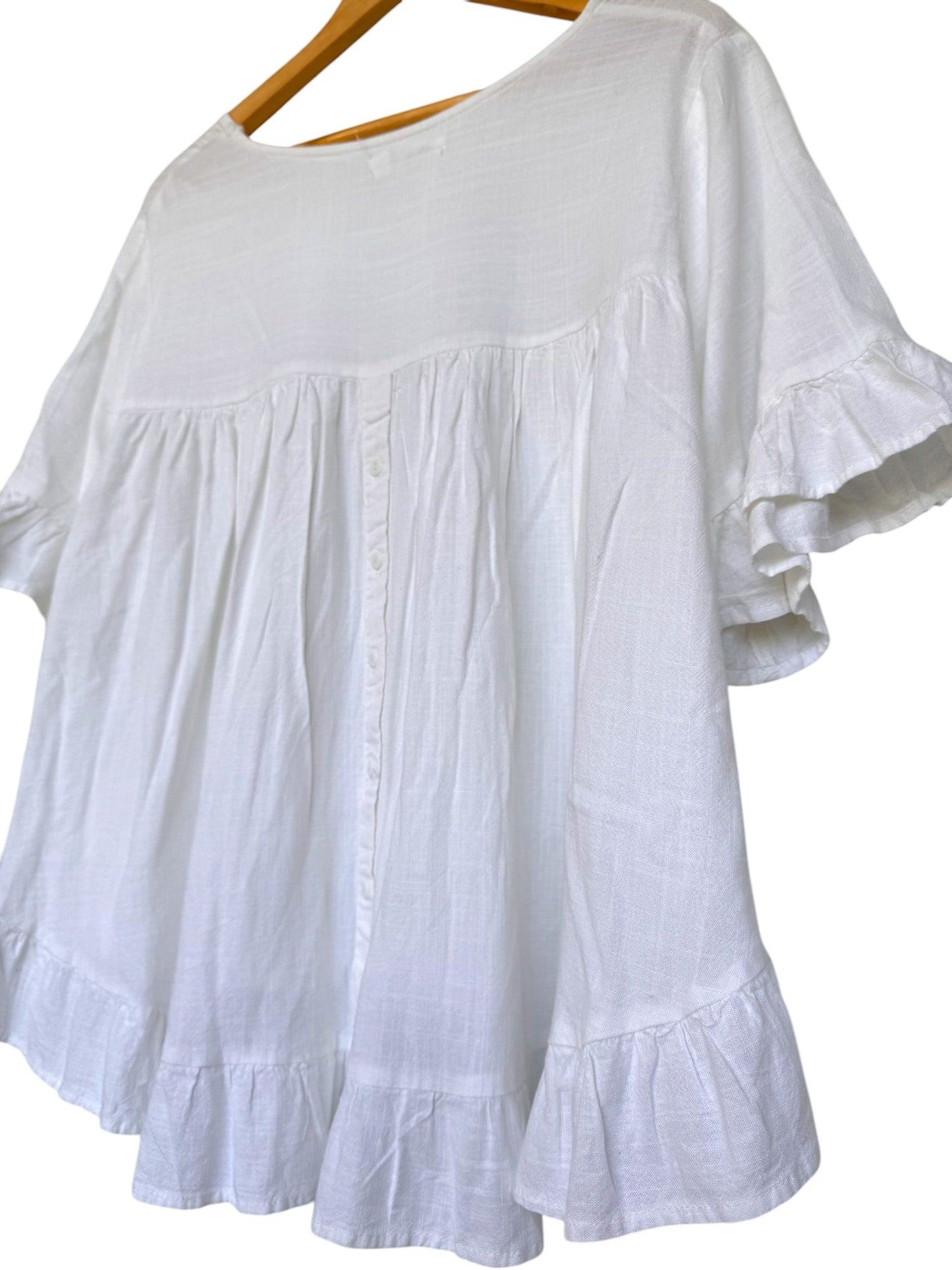 White Linen Blend Flounce Hem Loose Fit Top