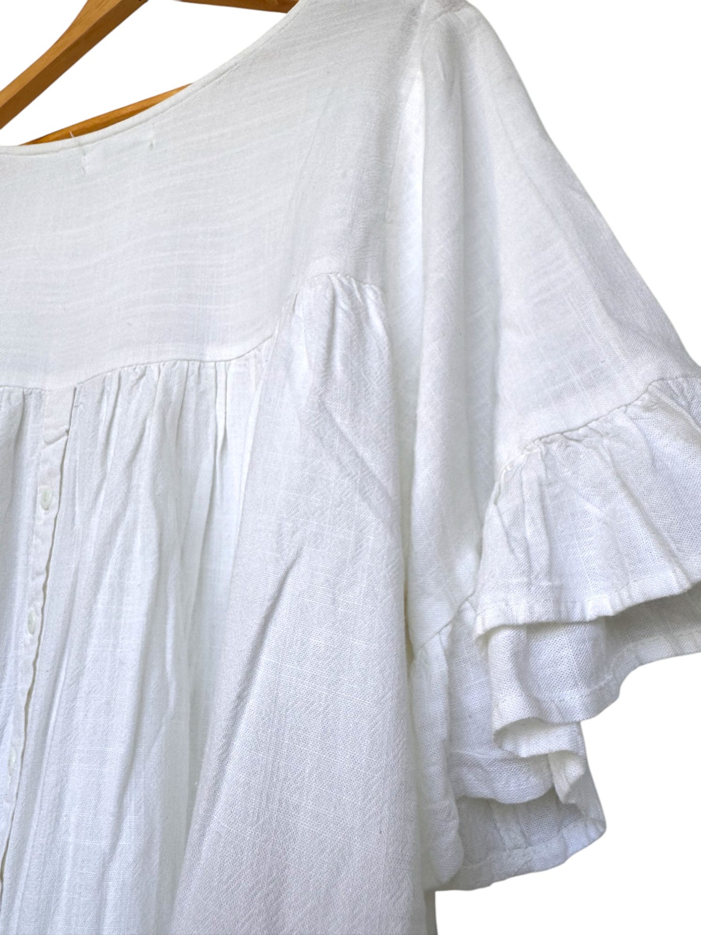 White Linen Blend Flounce Hem Loose Fit Top