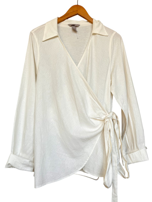 White Linen Blend Wrap Blouse – Long Sleeve, Relaxed Fit