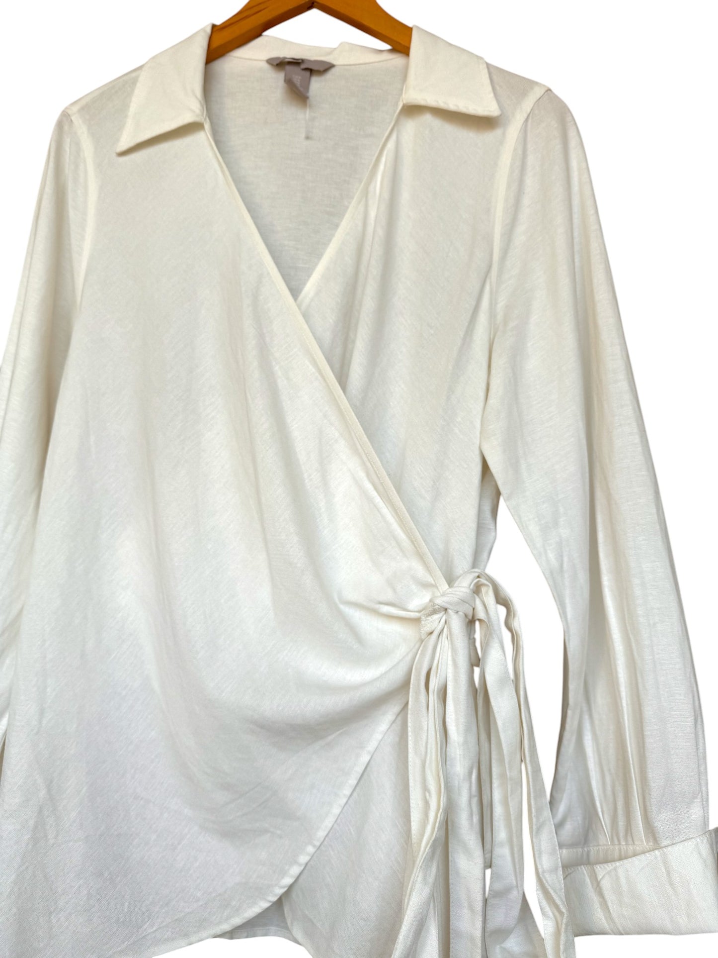 White Linen Blend Wrap Blouse – Long Sleeve, Relaxed Fit