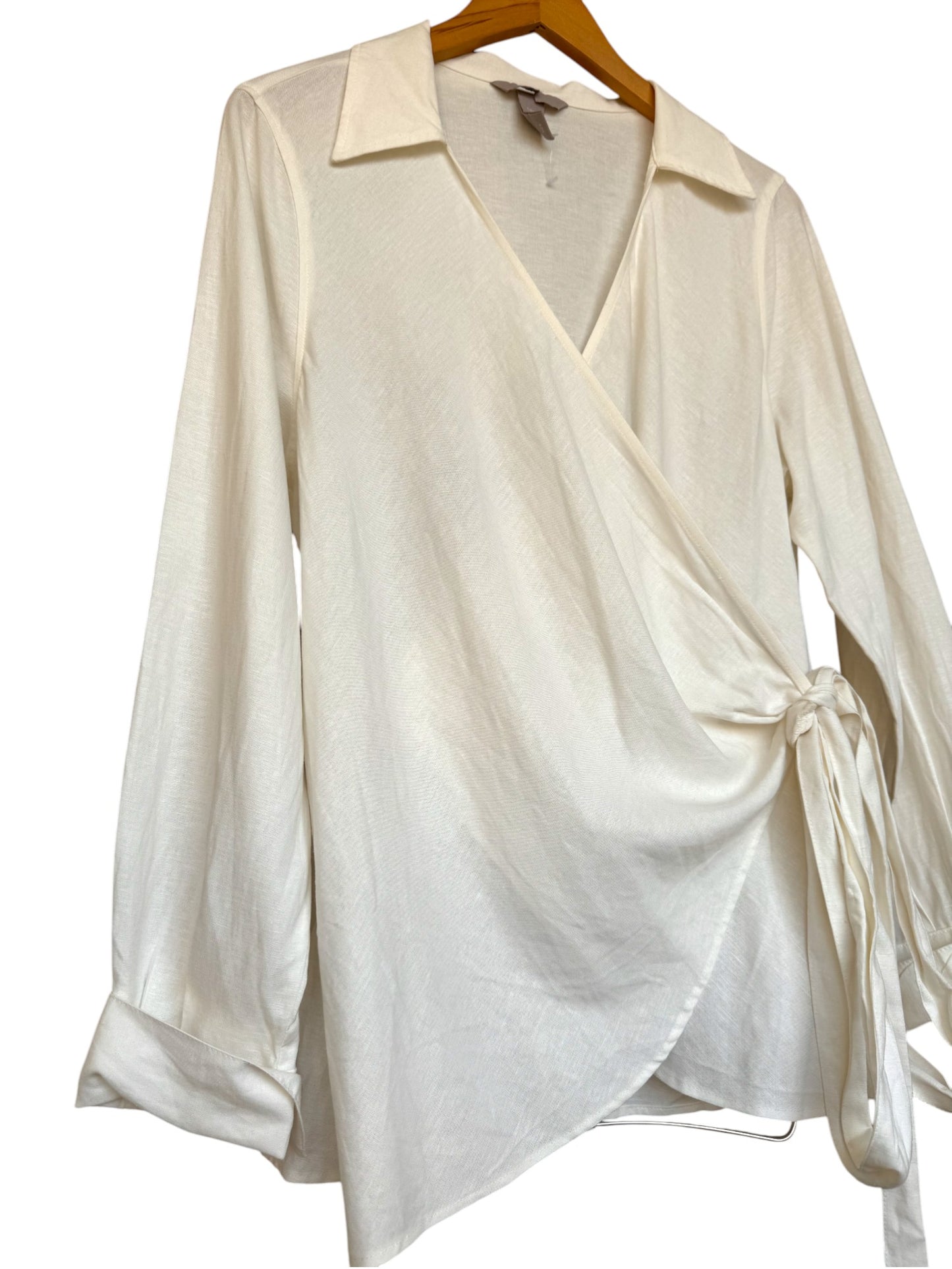 White Linen Blend Wrap Blouse – Long Sleeve, Relaxed Fit