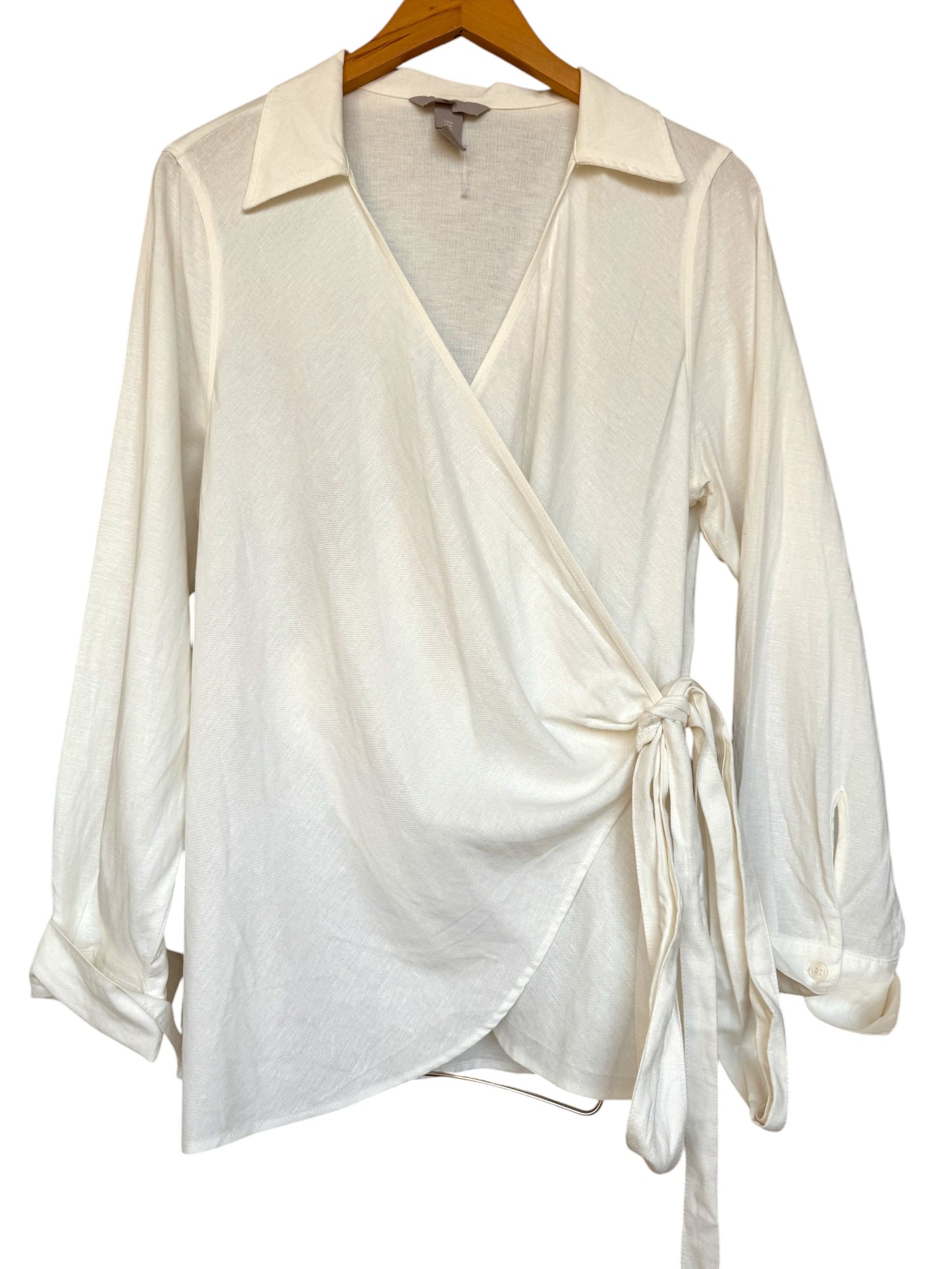 White Linen Blend Wrap Blouse – Long Sleeve, Relaxed Fit