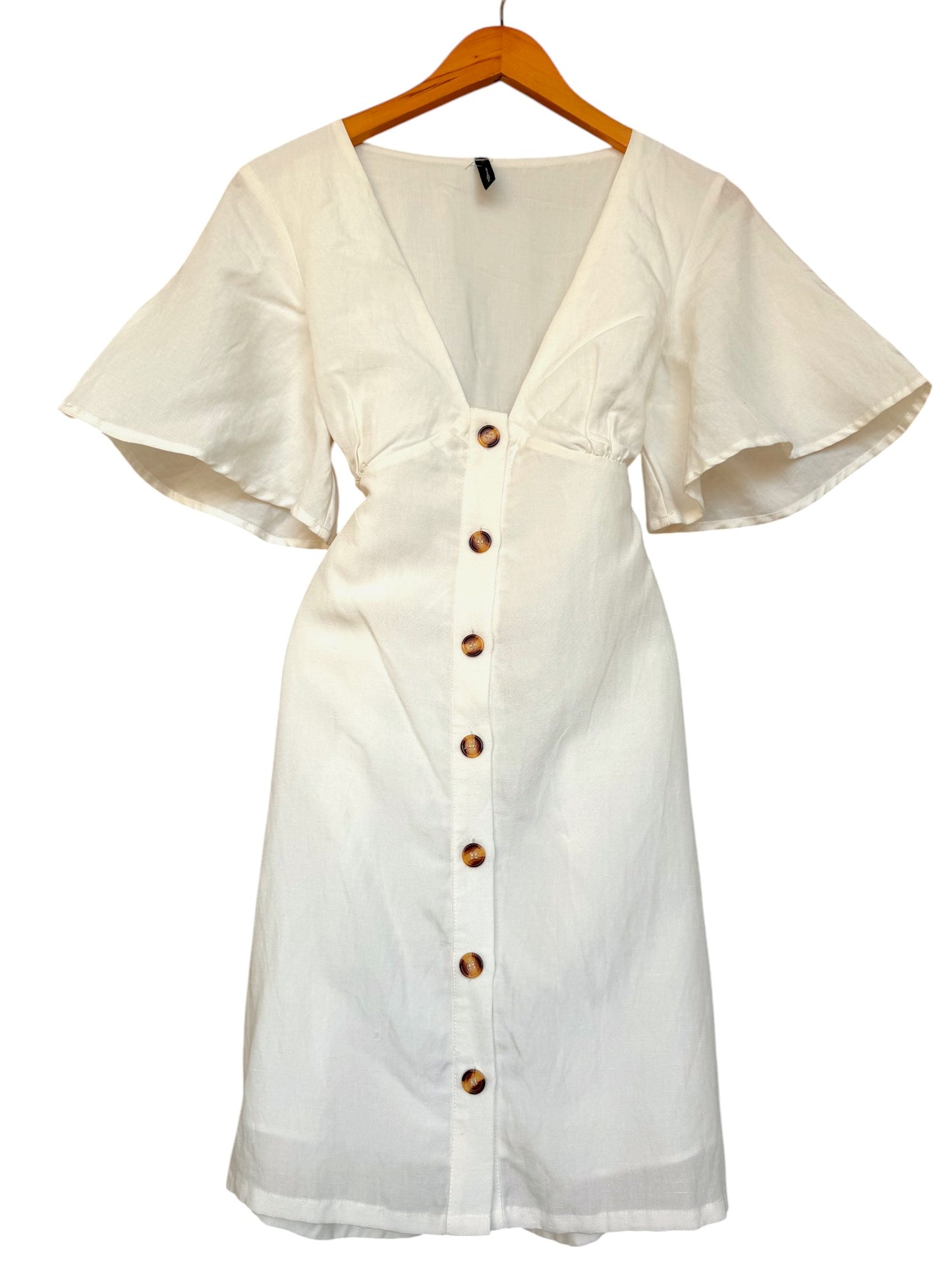 Staple The Label White Linen Button-Down Mini Dress – V-Neck, Butterfly Sleeves