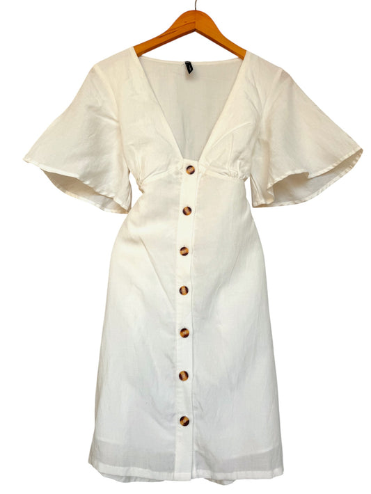 Staple The Label White Linen Button-Down Mini Dress – V-Neck, Butterfly Sleeves