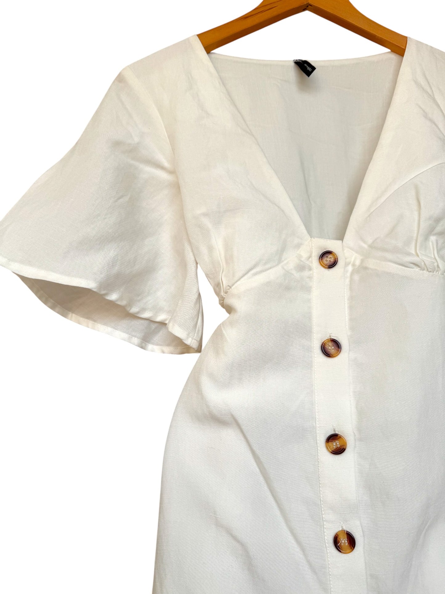 Staple The Label White Linen Button-Down Mini Dress – V-Neck, Butterfly Sleeves