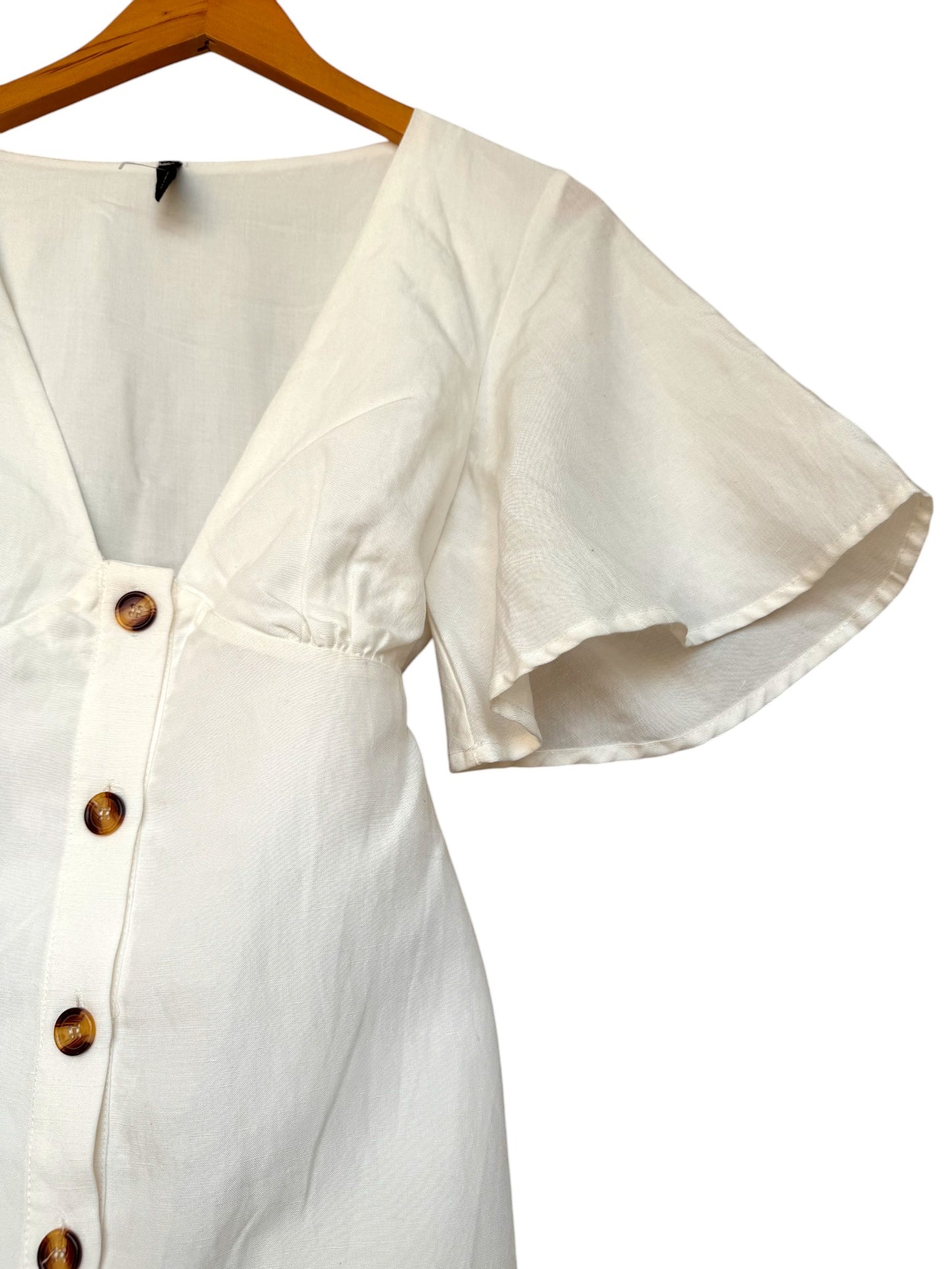 Staple The Label White Linen Button-Down Mini Dress – V-Neck, Butterfly Sleeves