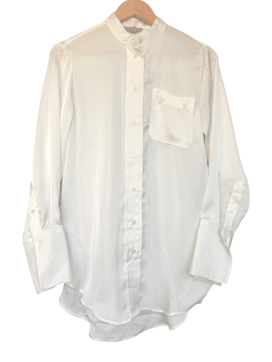 White Satin Mandarin Collar Shirt – Soft & Elegant