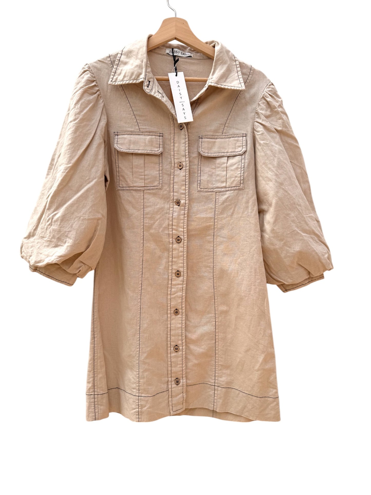 Daisy Says Beige Linen Puff Sleeve Mini Dress – Button-Down with Pockets