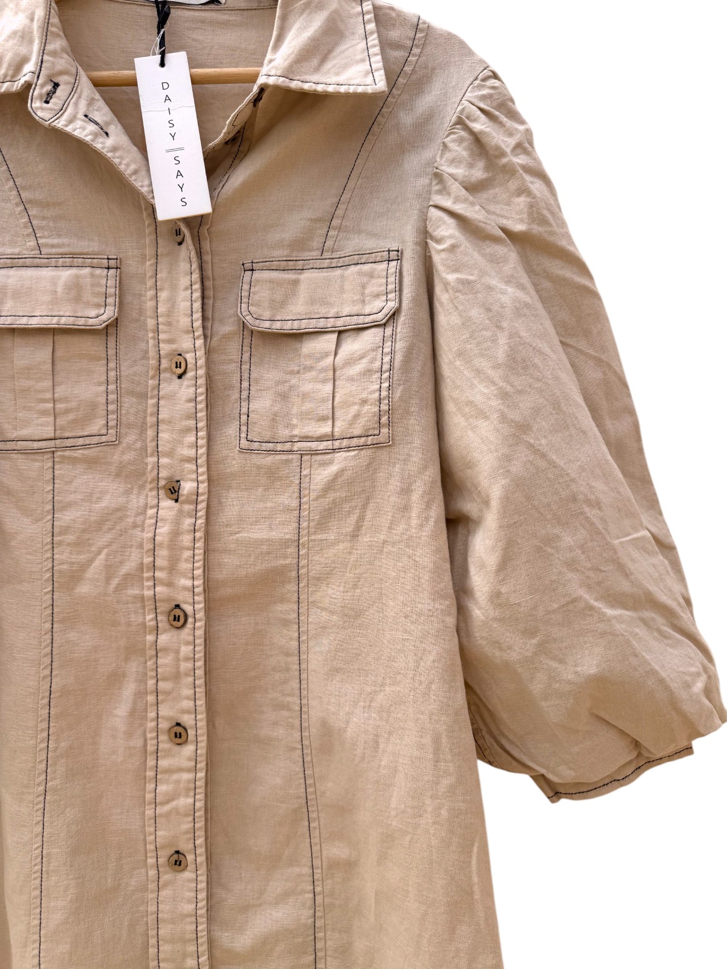 Daisy Says Beige Linen Puff Sleeve Mini Dress – Button-Down with Pockets