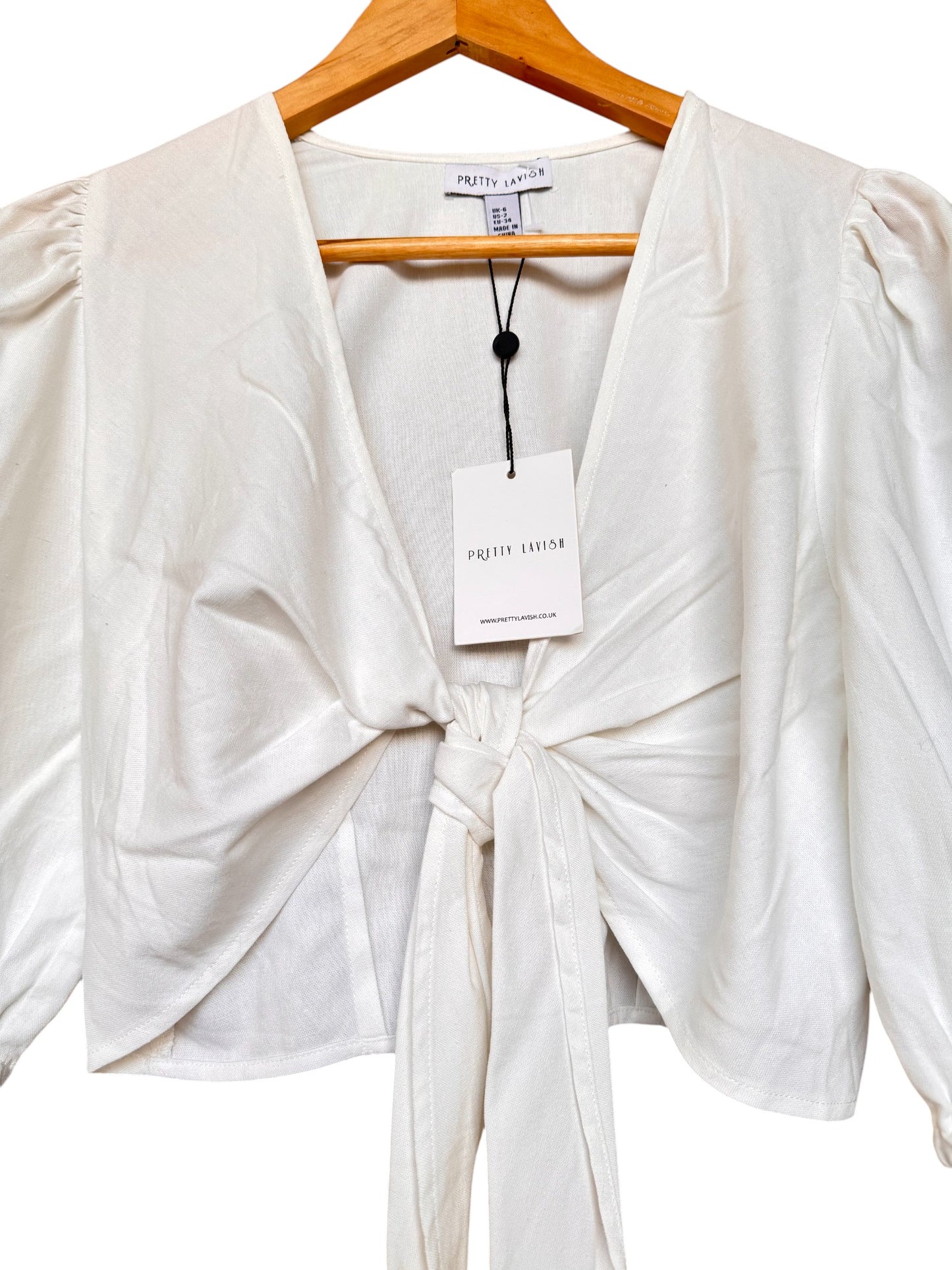 Pretty Lavish White Linen Front Bow Balloon Sleeve Top