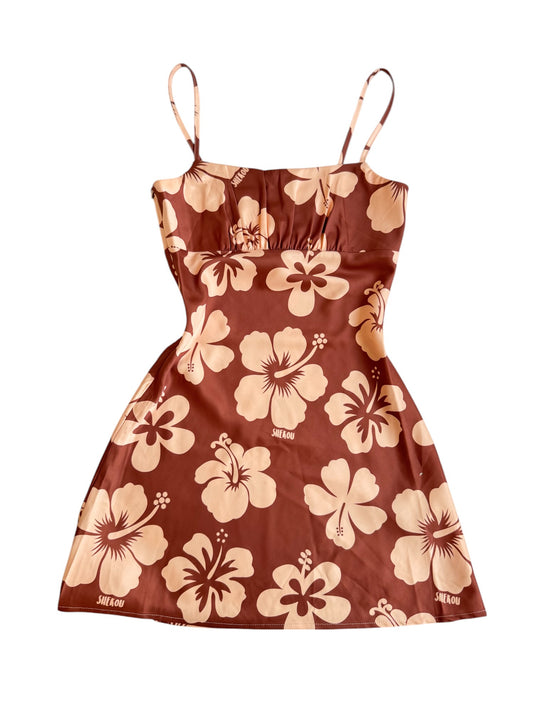 Shekou Brown Hawaiian Floral Satin Mini Dress