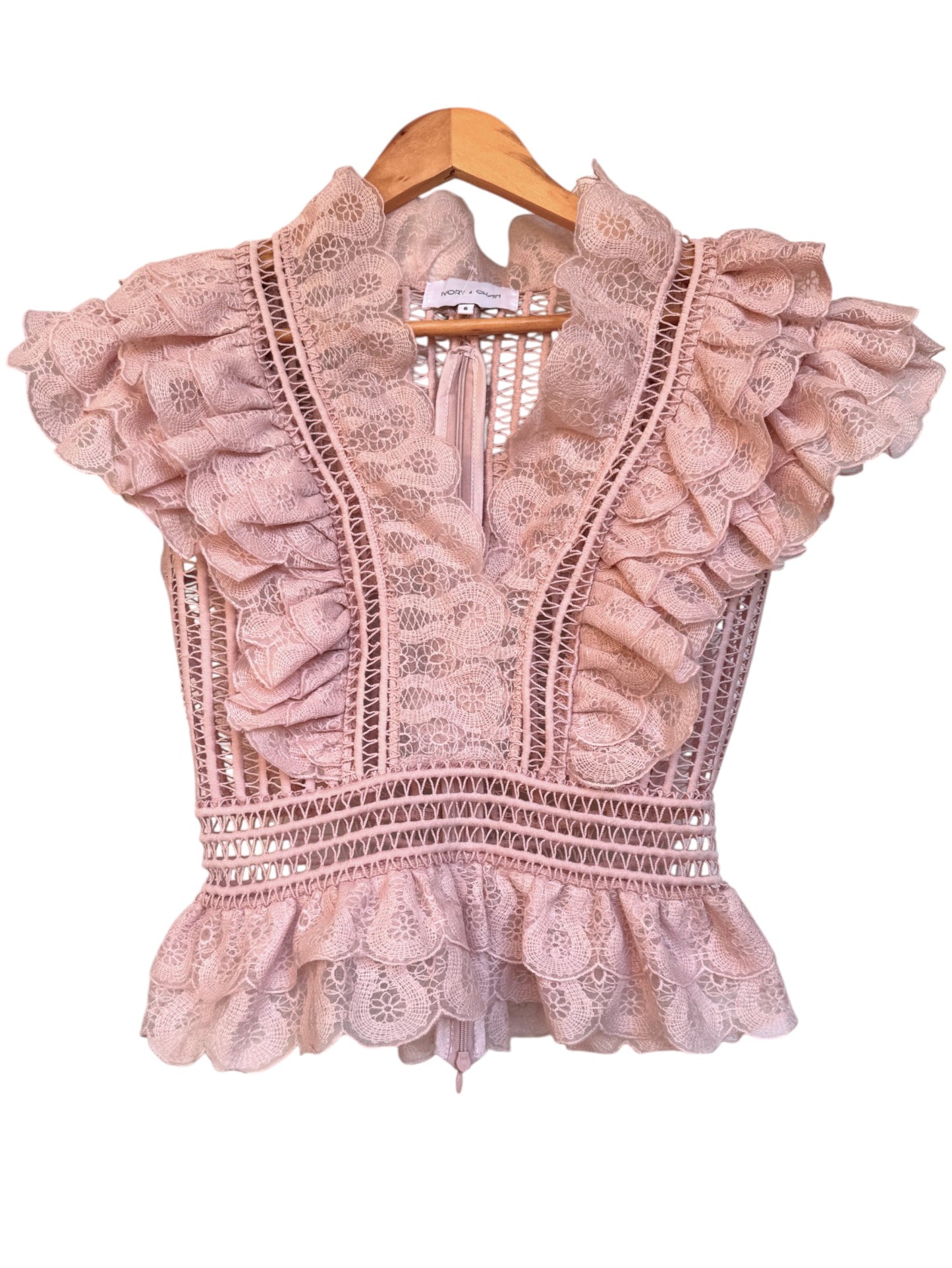Pale Pink Lace Top with Scalloped Ruffles