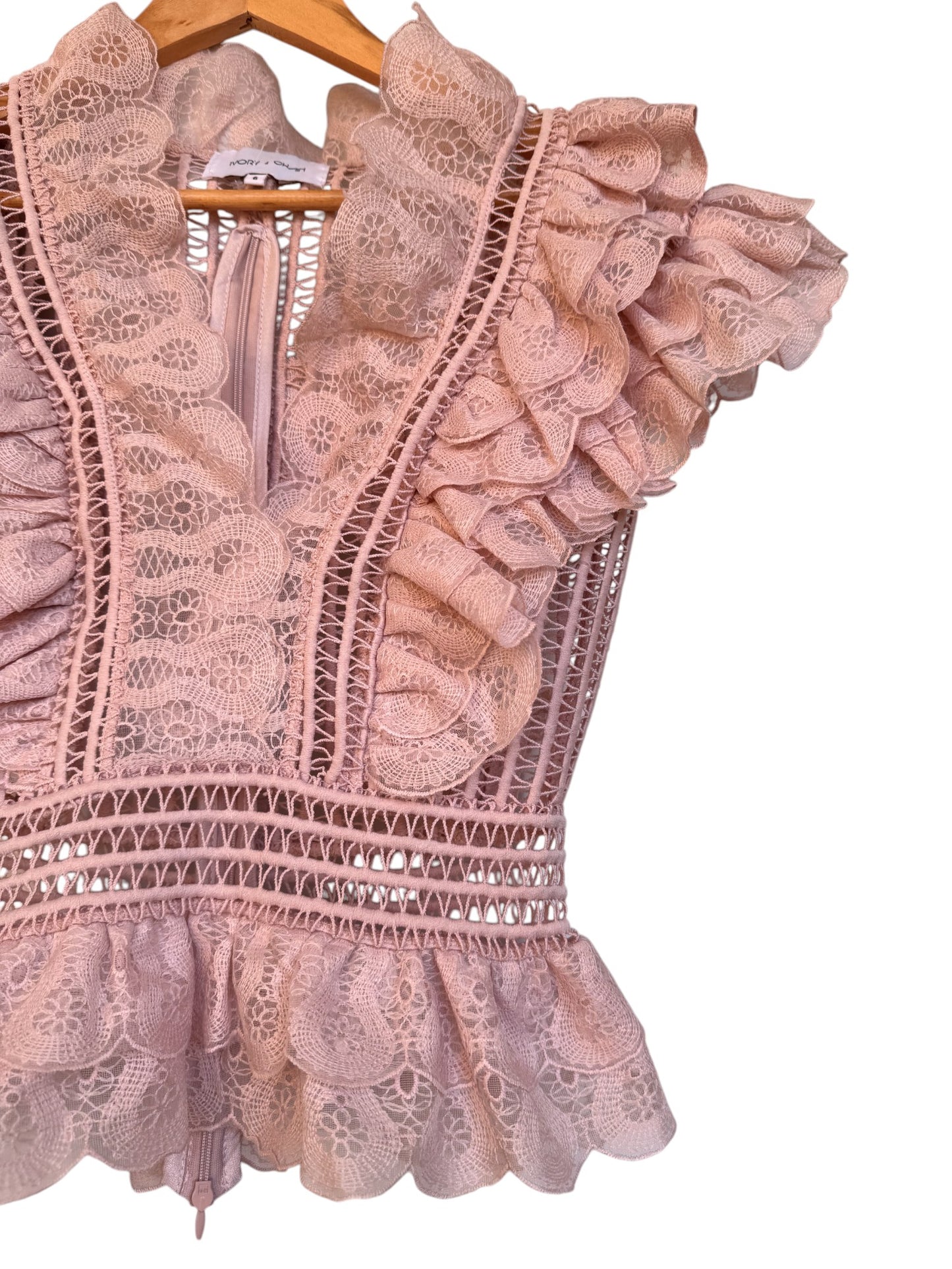 Pale Pink Lace Top with Scalloped Ruffles