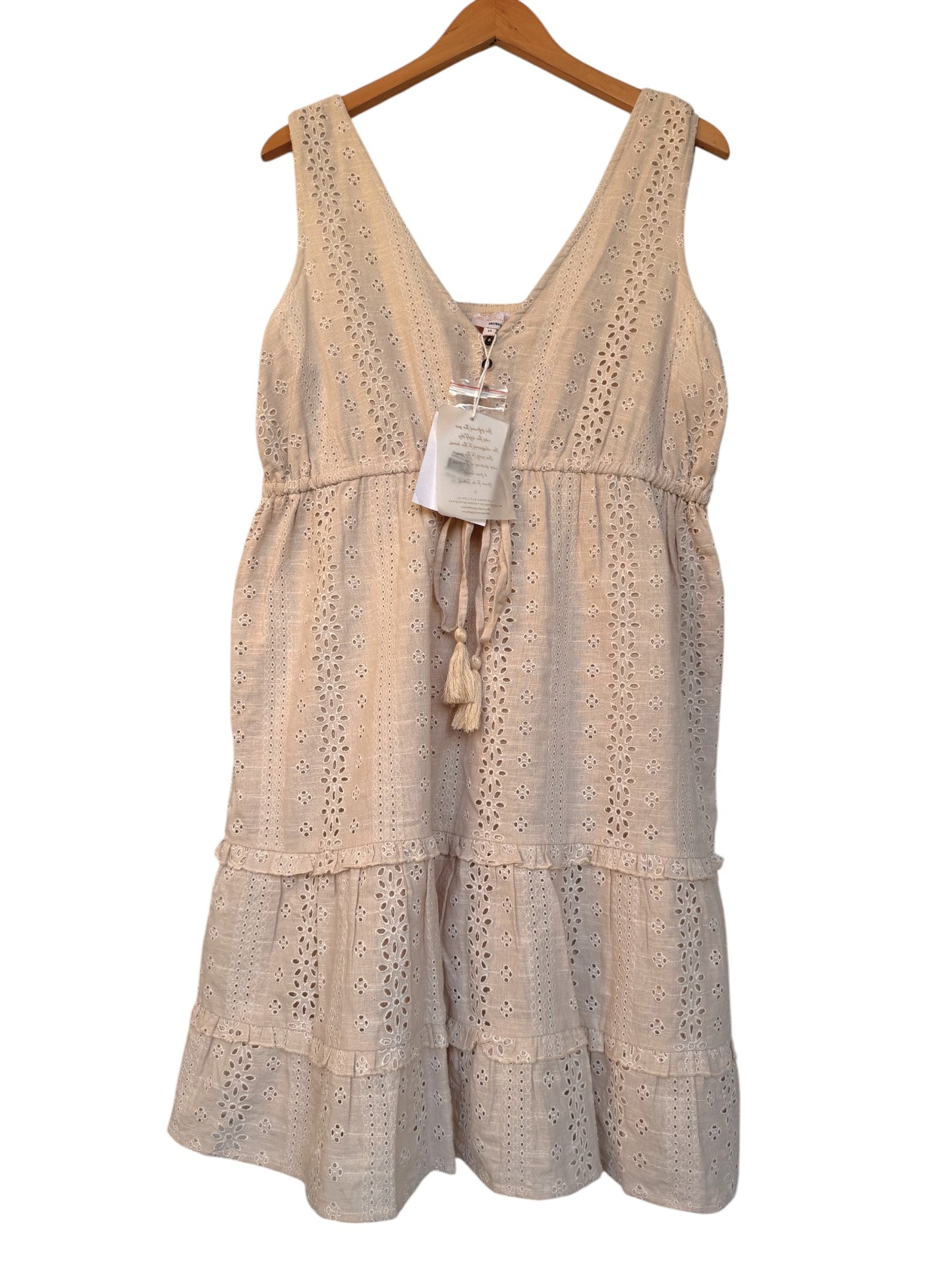 The Poetic Gypsy Beige Floral Eyelet Cotton Tiered Midi Dress – Button-Up & Waist Tie