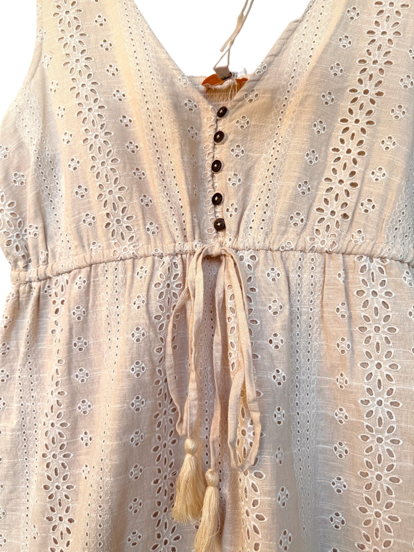 The Poetic Gypsy Beige Floral Eyelet Cotton Tiered Midi Dress – Button-Up & Waist Tie