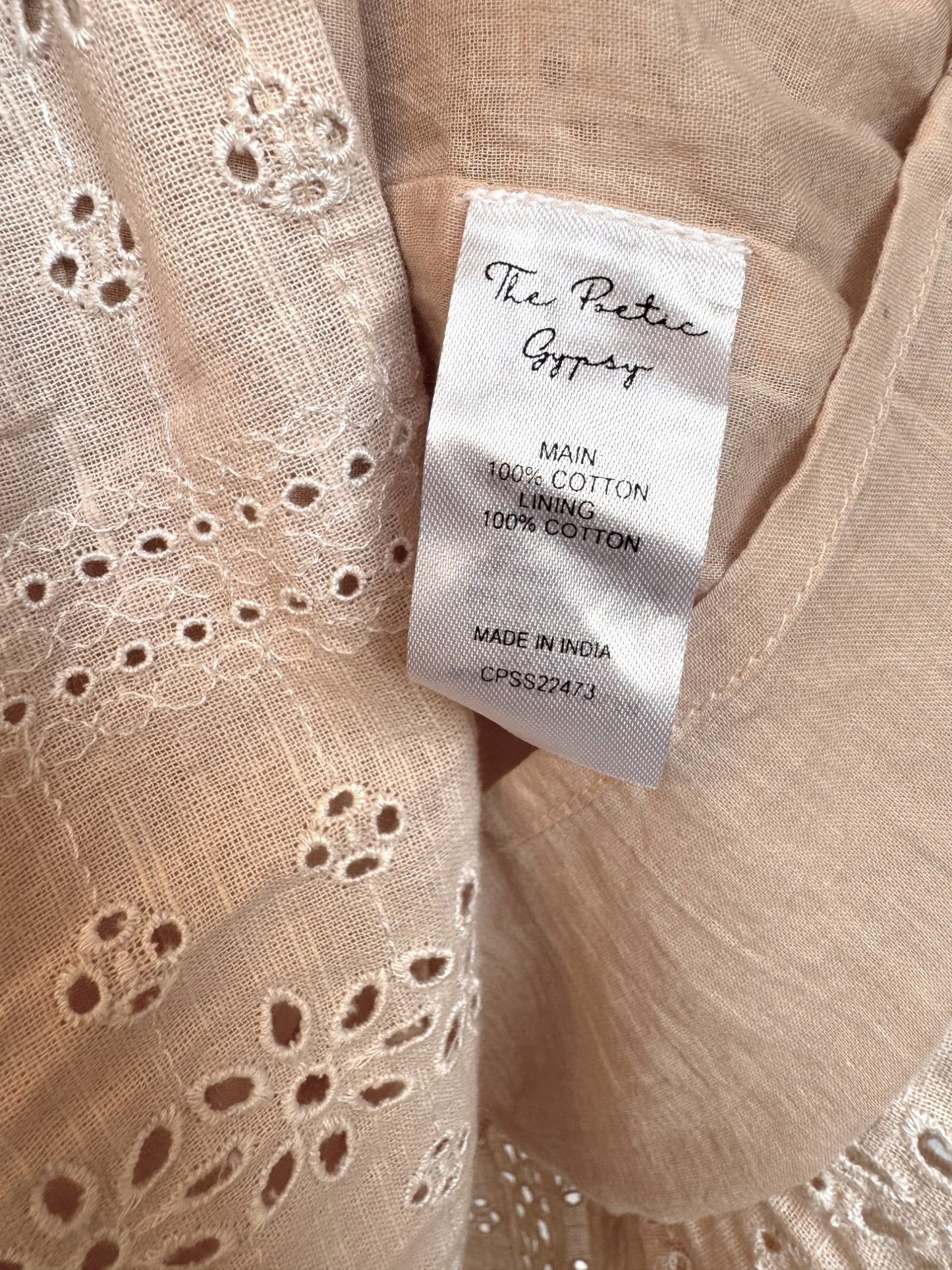 The Poetic Gypsy Beige Floral Eyelet Cotton Tiered Midi Dress – Button-Up & Waist Tie