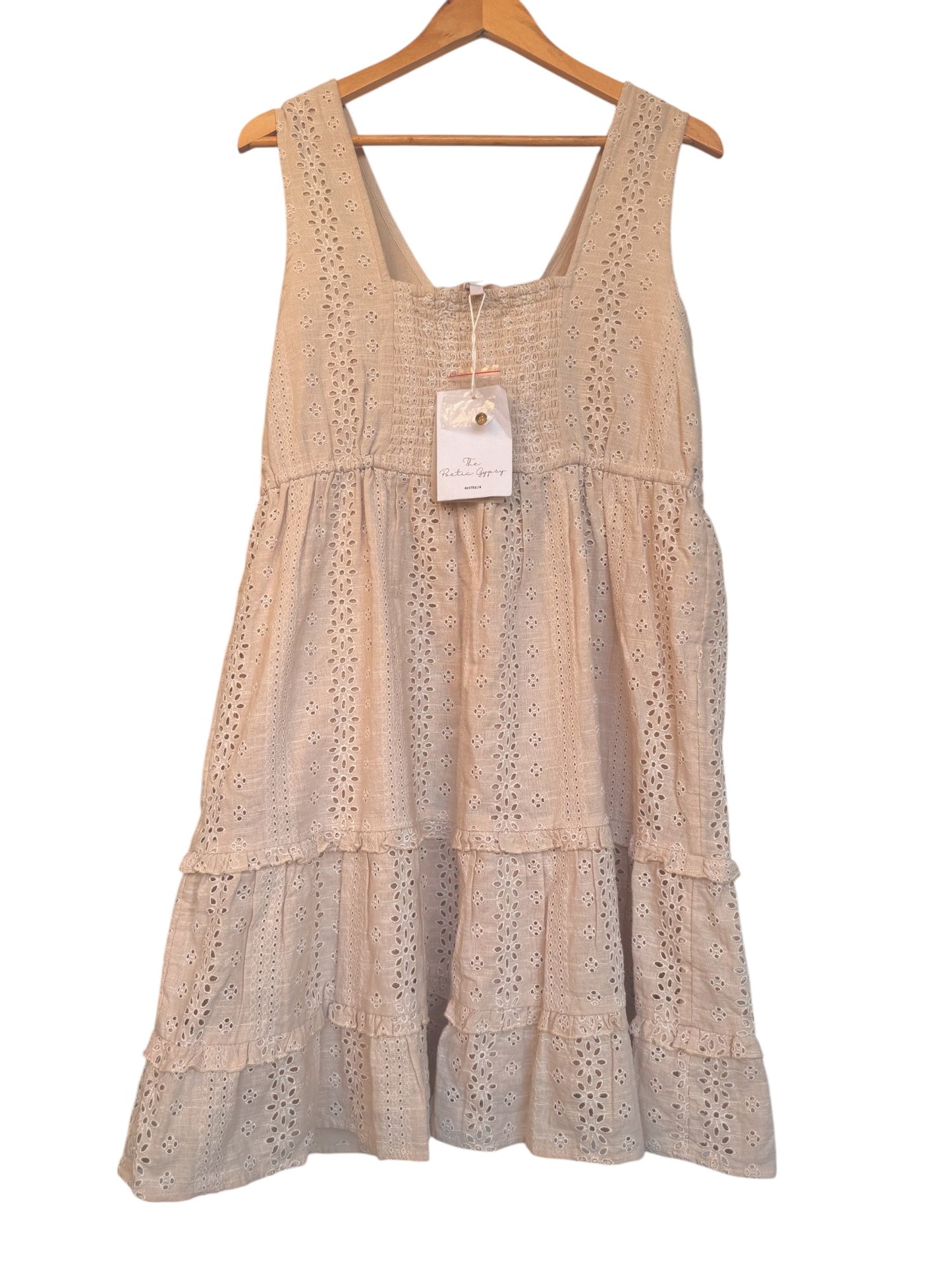 The Poetic Gypsy Beige Floral Eyelet Cotton Tiered Midi Dress – Button-Up & Waist Tie