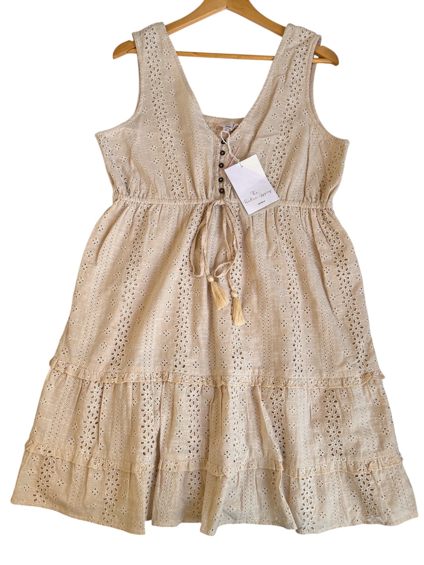 The Poetic Gypsy Beige Floral Eyelet Cotton Tiered Midi Dress – Button-Up & Waist Tie
