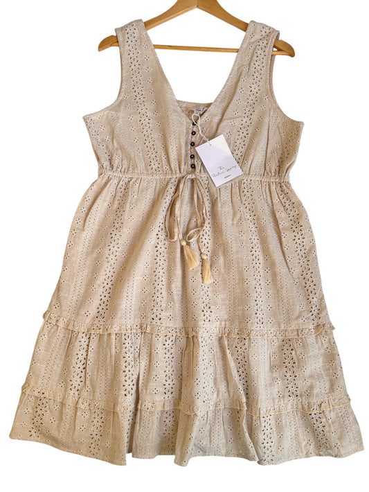 The Poetic Gypsy Beige Floral Eyelet Cotton Tiered Midi Dress – Button-Up & Waist Tie